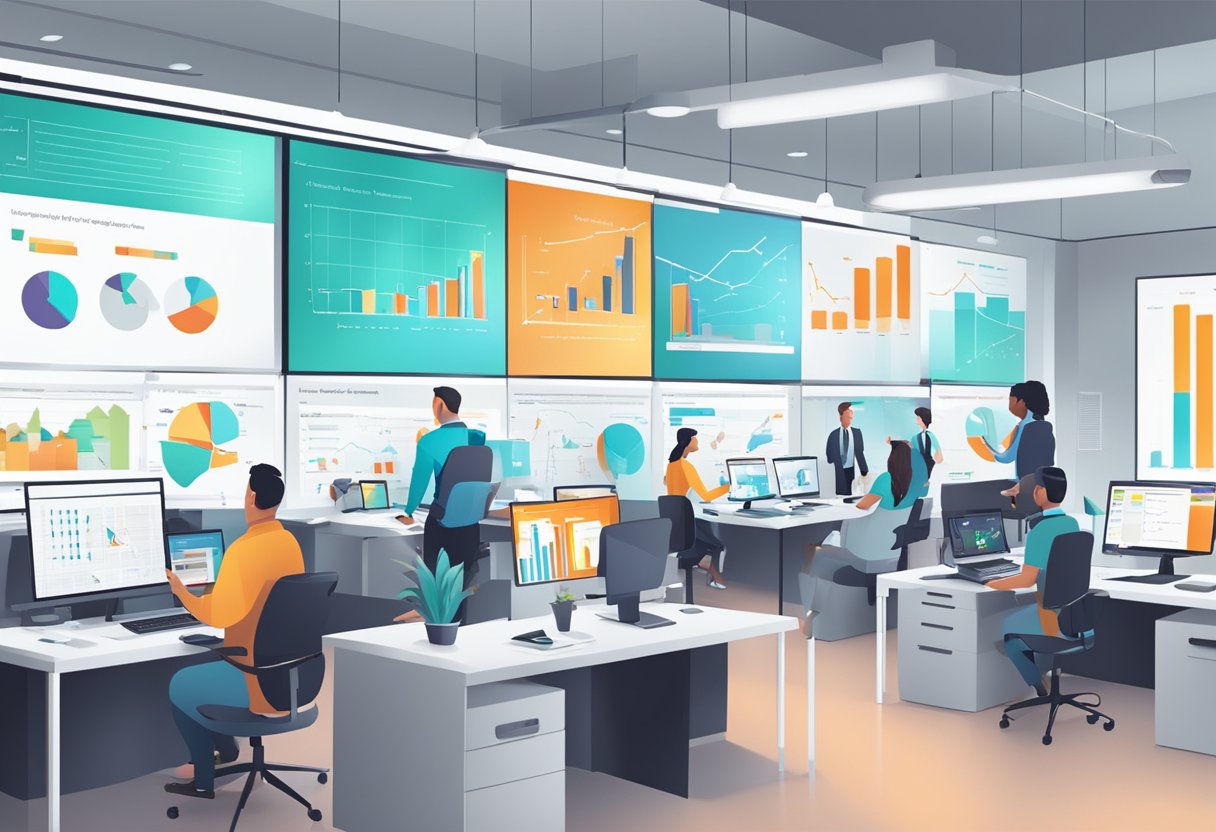 A bustling office with employees using Fullstaq systems and tools to drive success. Screens display data and charts, while a whiteboard shows marketing strategies