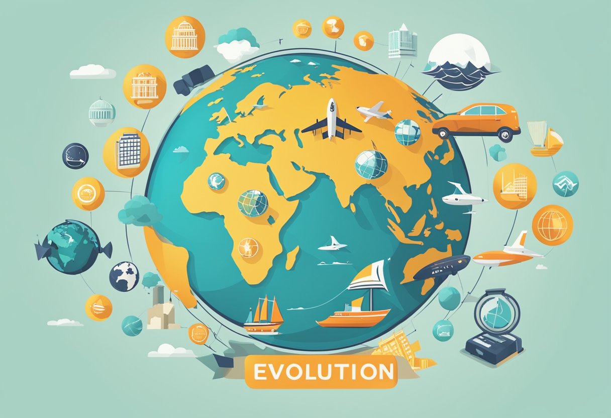 A globe surrounded by travel icons, with a sleek logo and the words "Evolution Travel Company Overview" and "Evolution Travel Review" displayed prominently