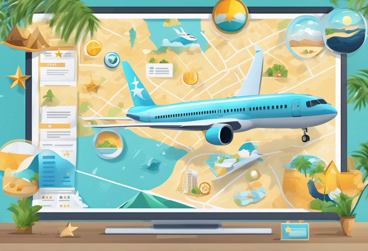 A vibrant travel review with 5-star ratings and positive comments displayed on a digital screen surrounded by travel-related icons and imagery