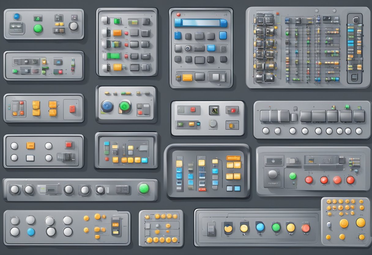 A control panel with various buttons and switches, connected to a network of devices. A central hub with signals transmitting to different locations