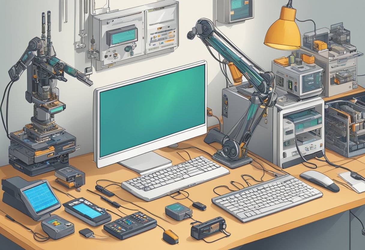 A cluttered desk with a computer, robotic arm, and various electronic components. A schematic of a remote control automator is displayed on the screen