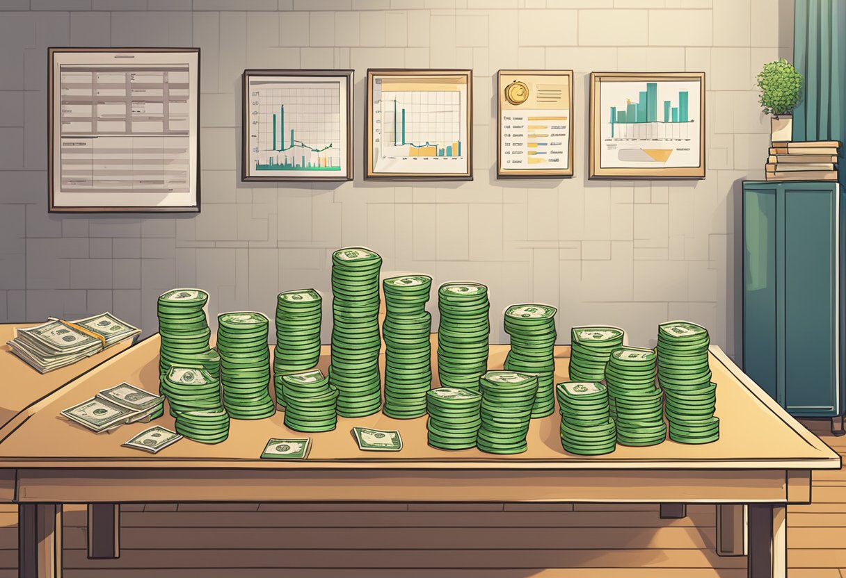 A table with stacks of money, a cash flow board game, and financial charts on the wall