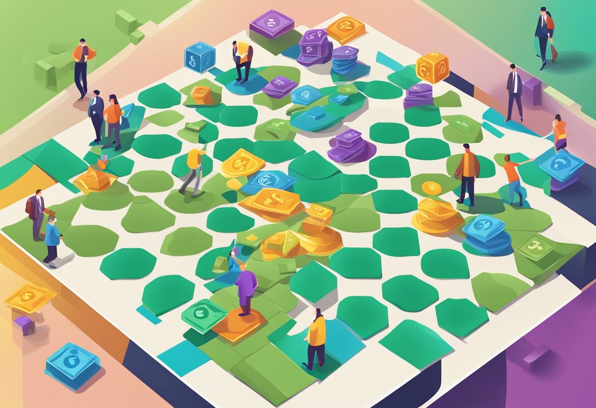 A colorful game board with financial symbols and pathways, surrounded by players engaged in strategic discussions