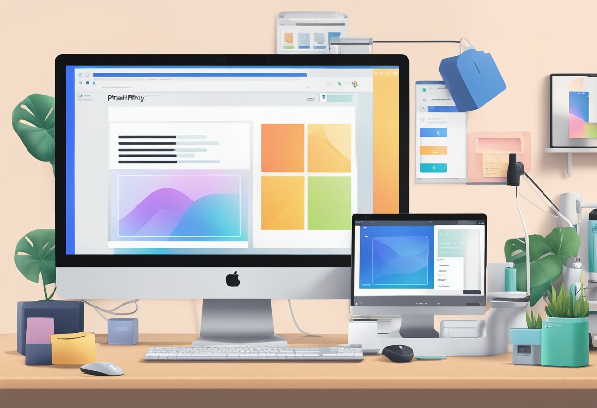 A computer screen displaying the Printify website with various product options, a mouse clicking on different features, and a printer in the background producing custom-designed items