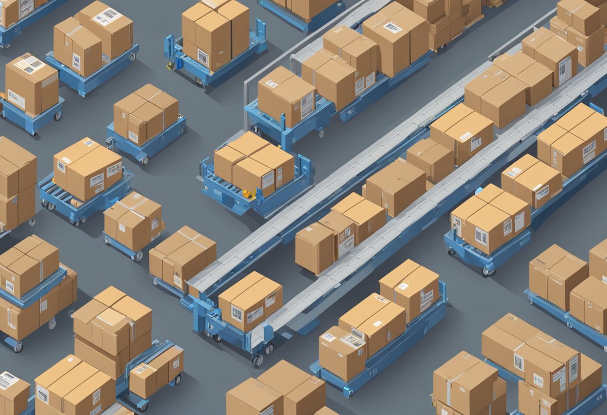 A conveyor belt moves packages through a warehouse. Workers scan and label each item before placing them into shipping boxes. The boxes are then loaded onto trucks for delivery