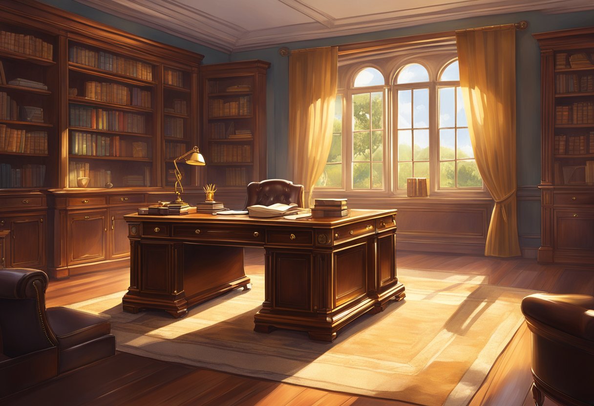 A lavish study with a mahogany desk, leather chair, and a golden pen set. Sunlight streams in through the window, casting a warm glow on the room