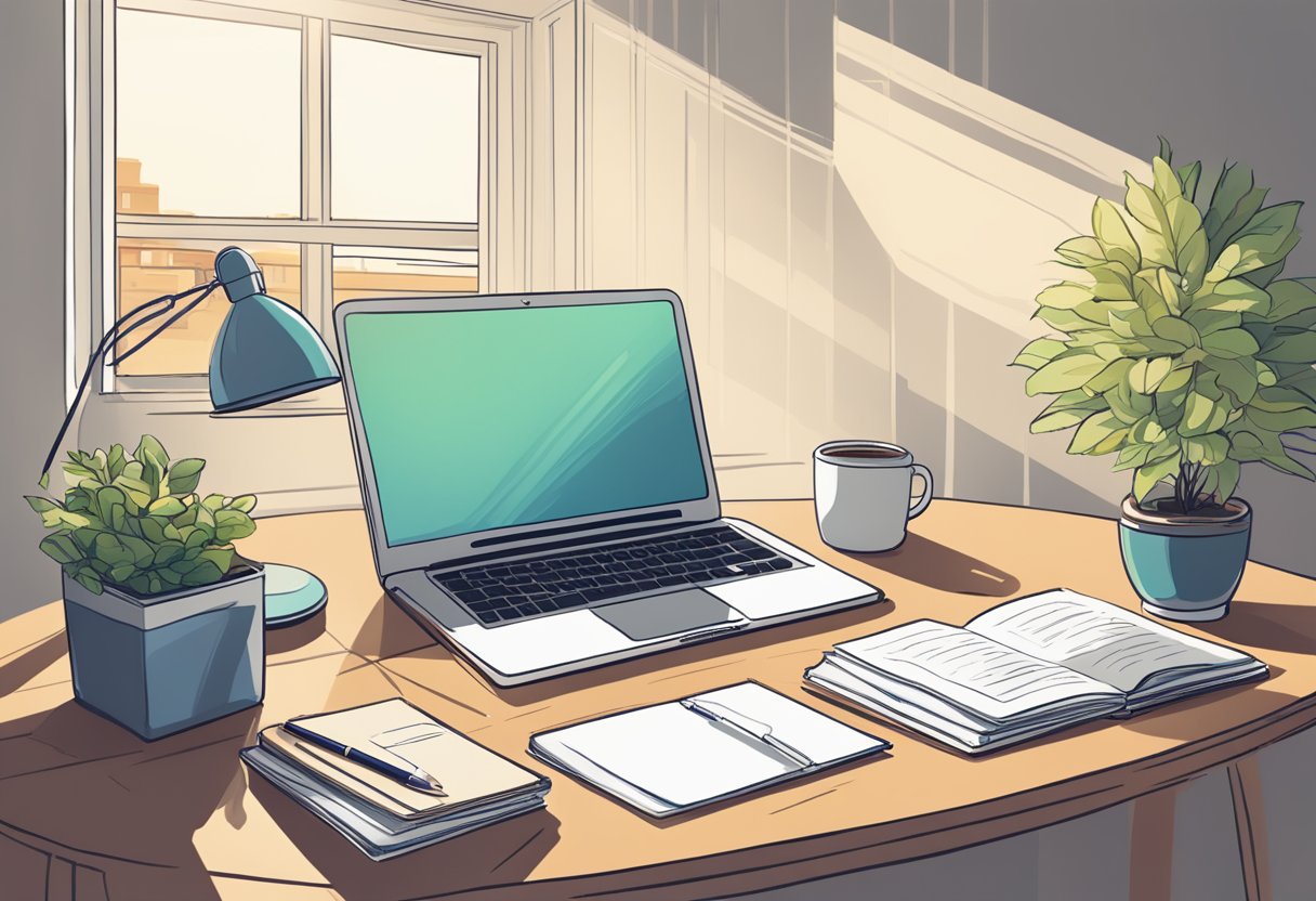 A sunlit room with a desk, journal, and pen. A steaming cup of coffee sits beside a stack of books on personal development. A laptop is open to a goal-setting website