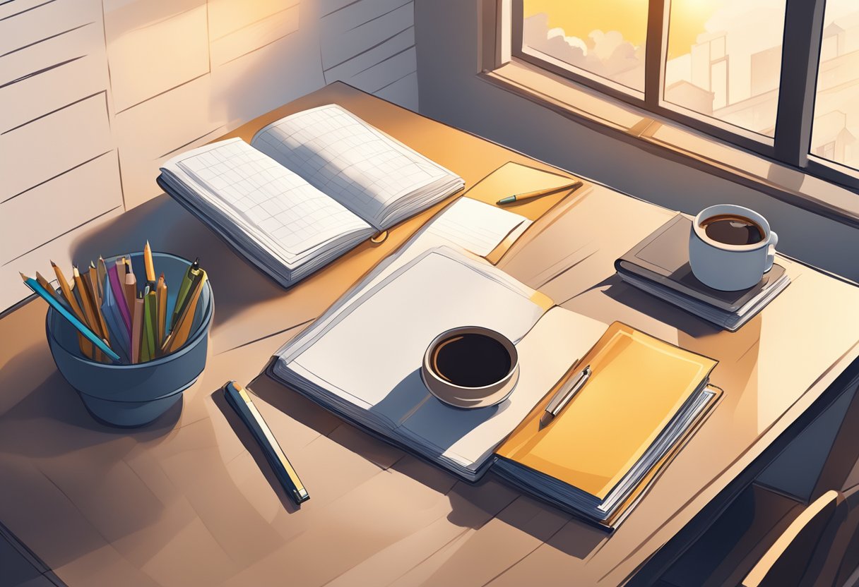 A desk with a neatly organized planner, a cup of coffee, and a stack of books. A sunrise streams through the window, casting a warm glow over the workspace