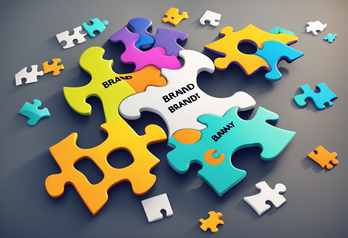 A colorful, abstract puzzle piece coming together, with the word "Brandafy" at the center, surrounded by various elements representing marketing and branding