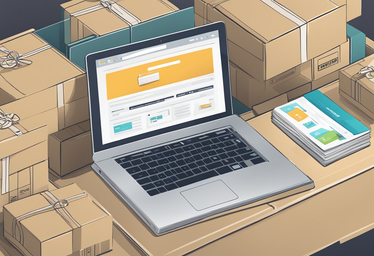 A laptop displaying the Brandafy website with positive reviews, surrounded by shipping boxes and a stack of product catalogs