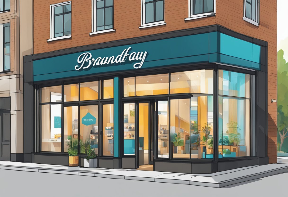 The storefront of Brandafy Review is being customized with vibrant signage and sleek window displays. The logo is prominently featured, and the overall aesthetic is modern and inviting