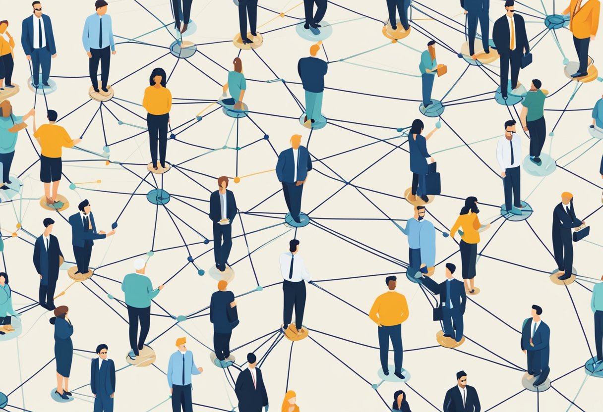 A group of interconnected individuals and businesses, symbolized by a network of lines and nodes, representing the Loan Broker Network