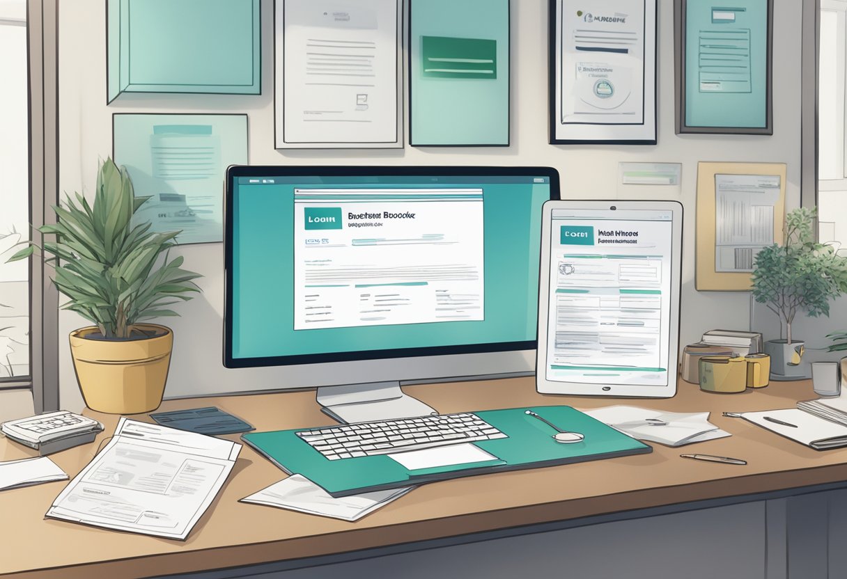 A desk cluttered with paperwork, a computer screen displaying Loan Broker Network's website, and a framed certificate hang on the wall