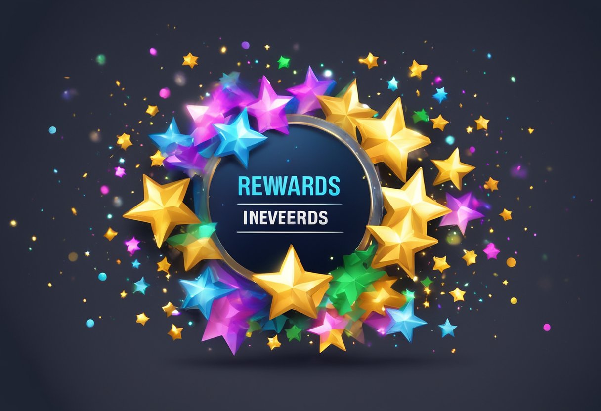 A burst of confetti and shining stars surround a glowing "Rewards and Incentives Flash Rewards Review" sign against a dark background