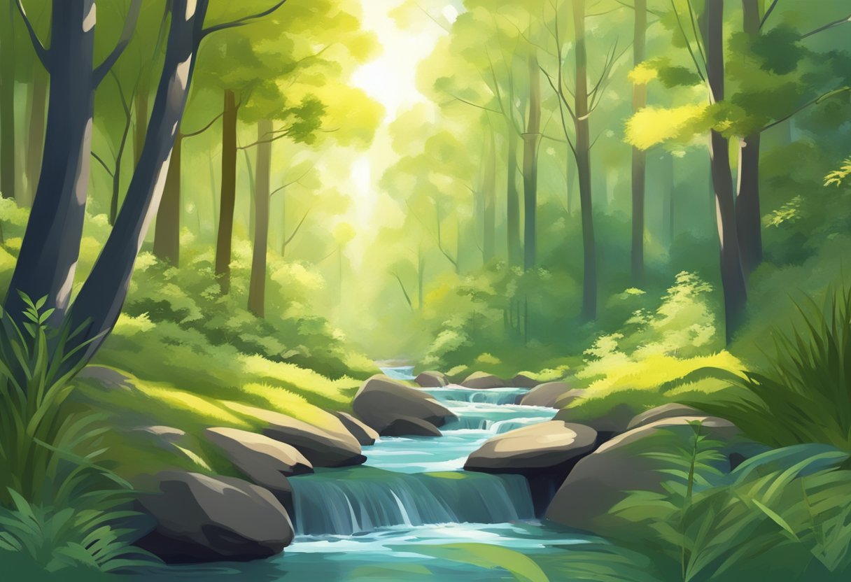 A serene forest clearing with a gentle stream, dappled sunlight, and a sense of tranquility