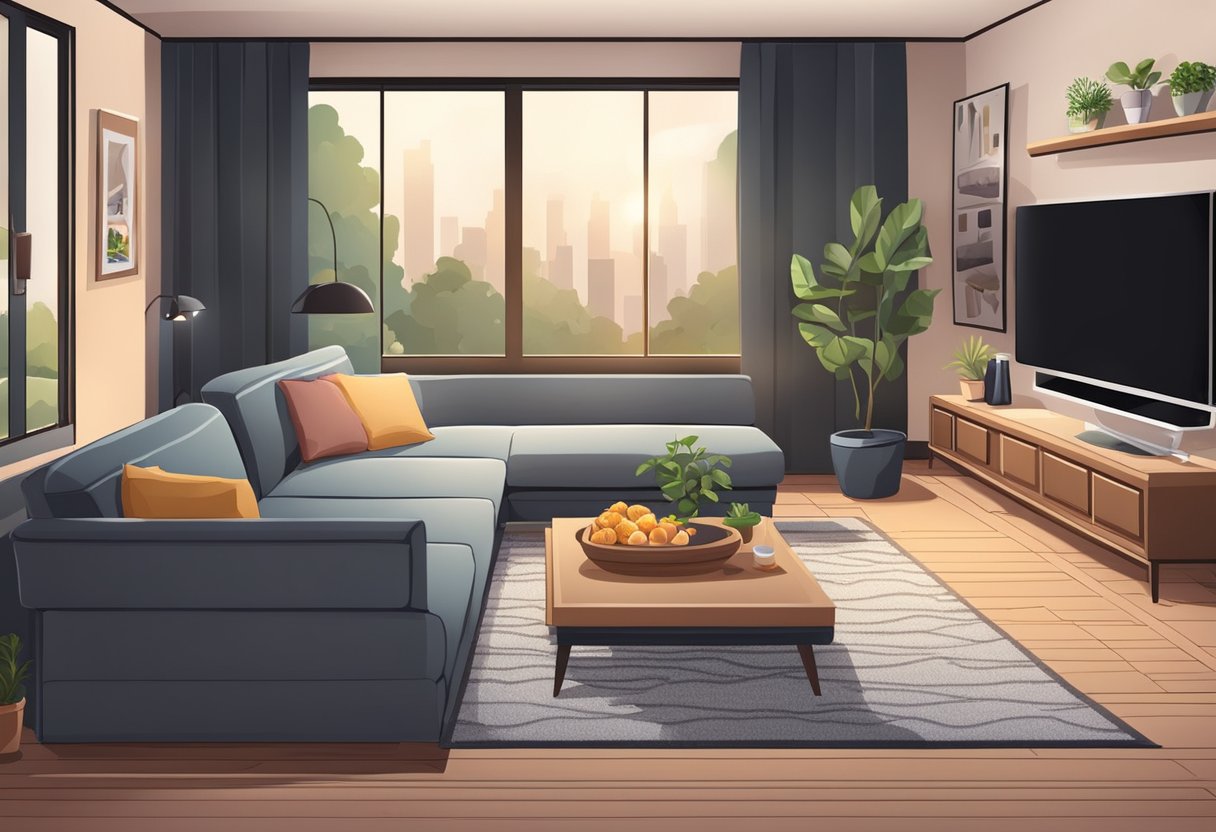 A cozy living room with a TV, sofa, and snacks. The room is dimly lit, with a sense of relaxation and comfort