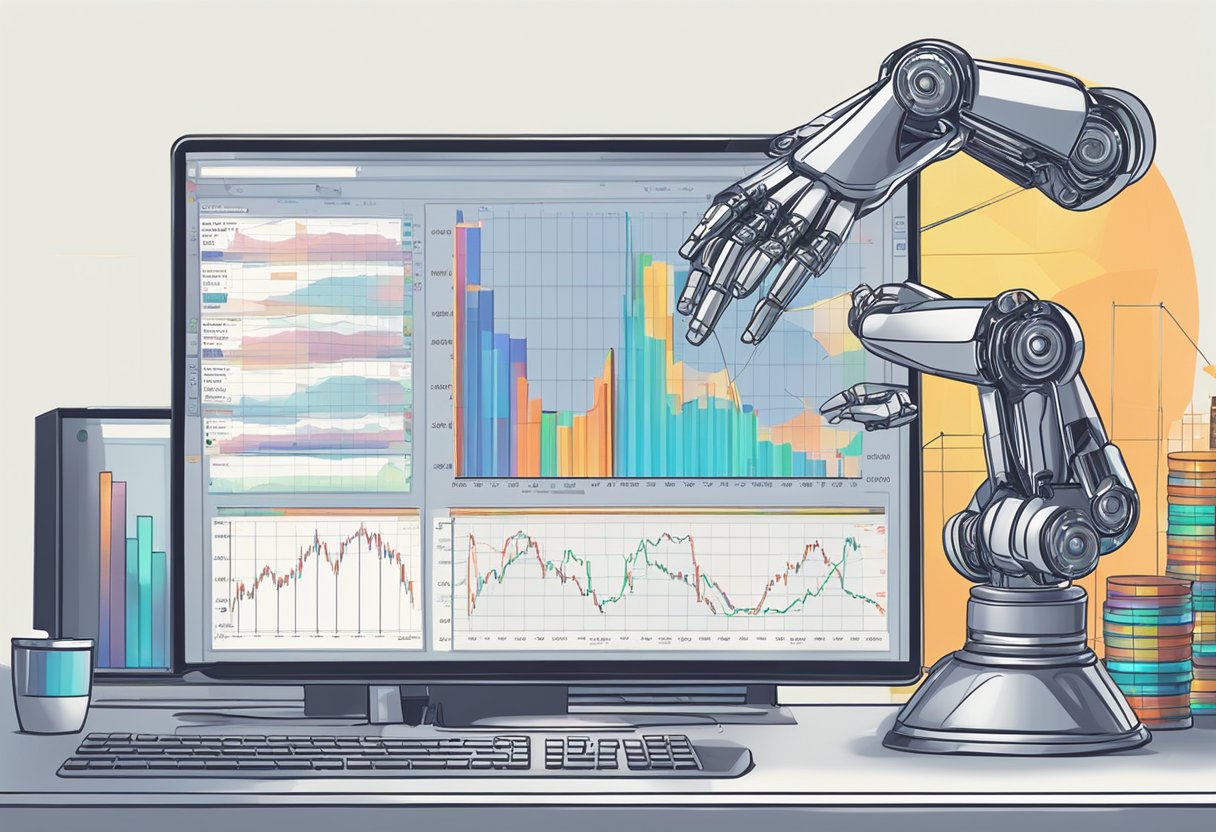 A computer screen shows multiple financial charts and graphs. A robot arm is seen making swift and precise movements, executing trades with lightning speed