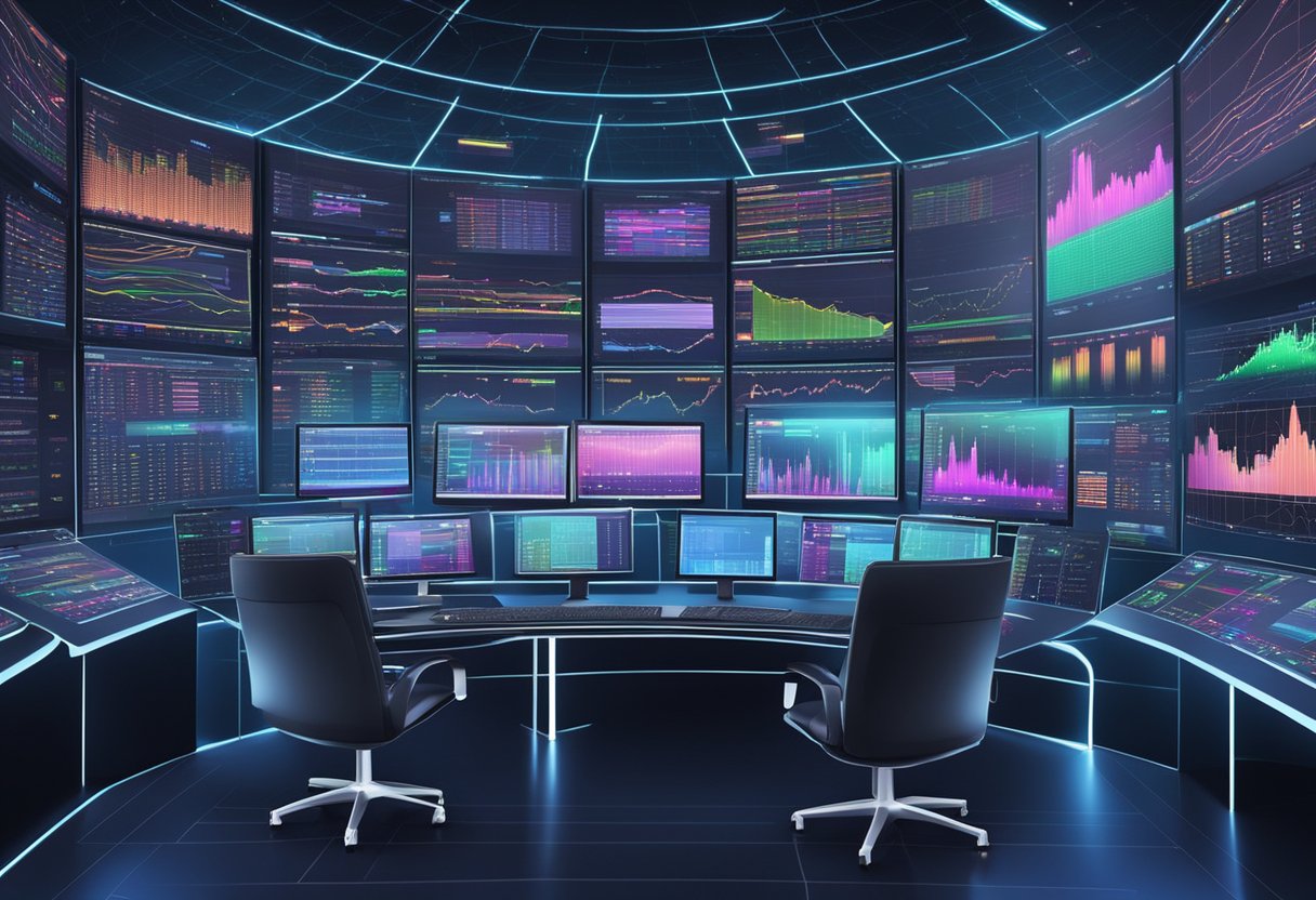 An array of computer screens displaying complex trading algorithms and charts, with a central command station surrounded by flashing lights and data streams