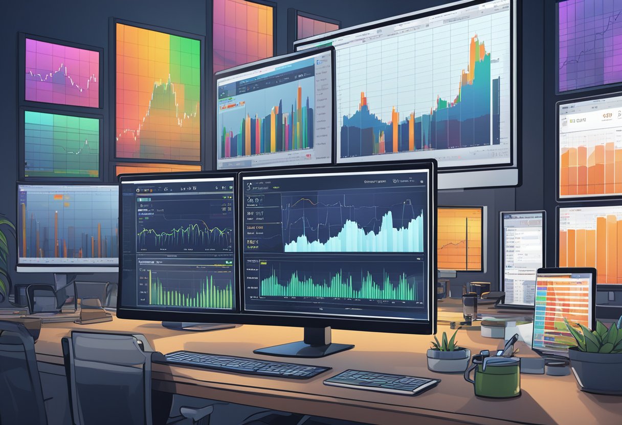 A computer screen displaying various market charts and data, with a bot trading program running in the background. Multiple windows open, showing different strategies and risk analysis