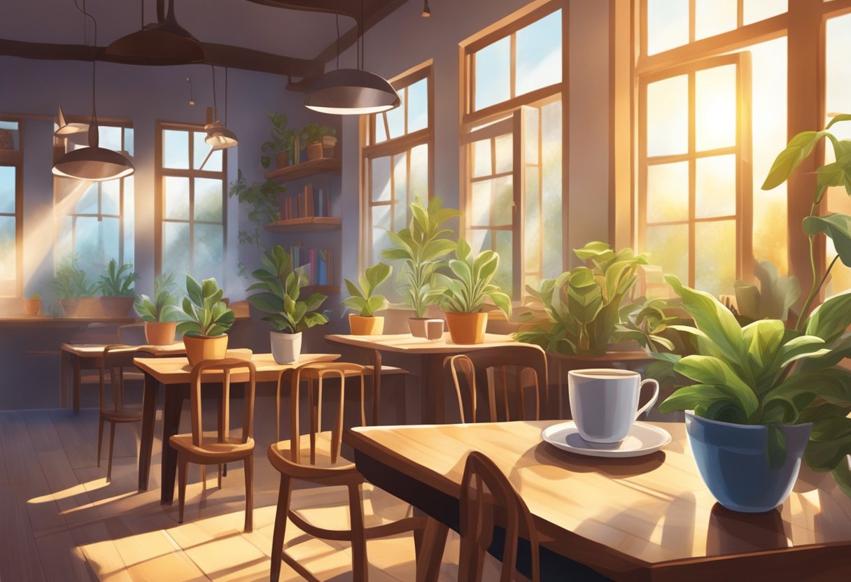 A cozy cafe with steaming mugs, books, and plants. Sunlight streams through the window, casting warm shadows on the wooden tables