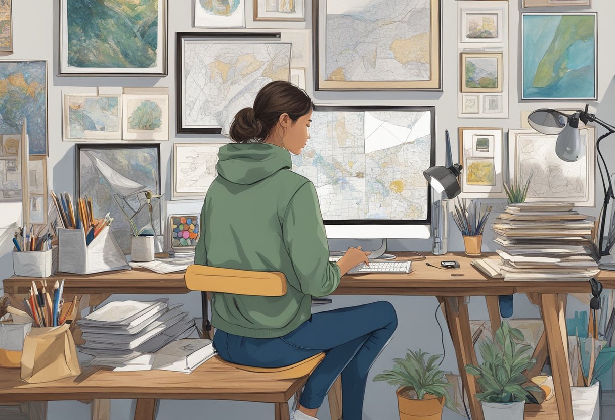 A young artist diligently works at their desk, surrounded by sketches and canvases. Awards and accolades line the walls, showcasing their rise to prominence in the art world