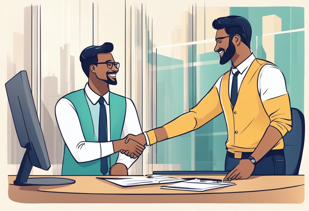 A customer service representative smiles while shaking hands with a satisfied client, surrounded by positive feedback and a chart showing increasing sales