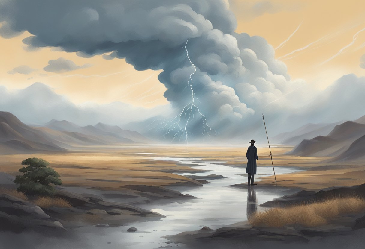 A figure stands on a barren landscape, a large cloud overhead. The figure is holding a staff, and a stream of rain is falling from the cloud towards the figure