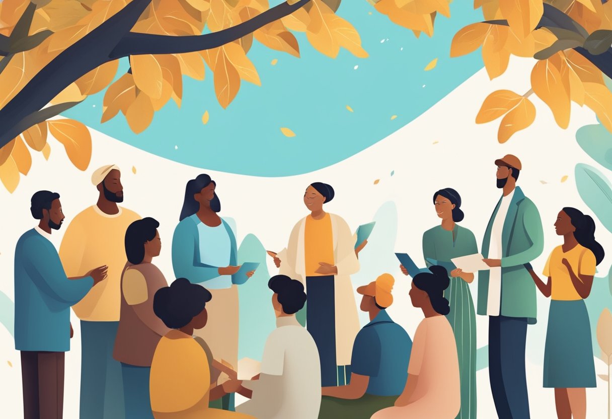 A diverse group of people gather under a large tree, exchanging ideas and support. A symbol of unity and growth, the rainmaker challenge review fosters community and collaboration