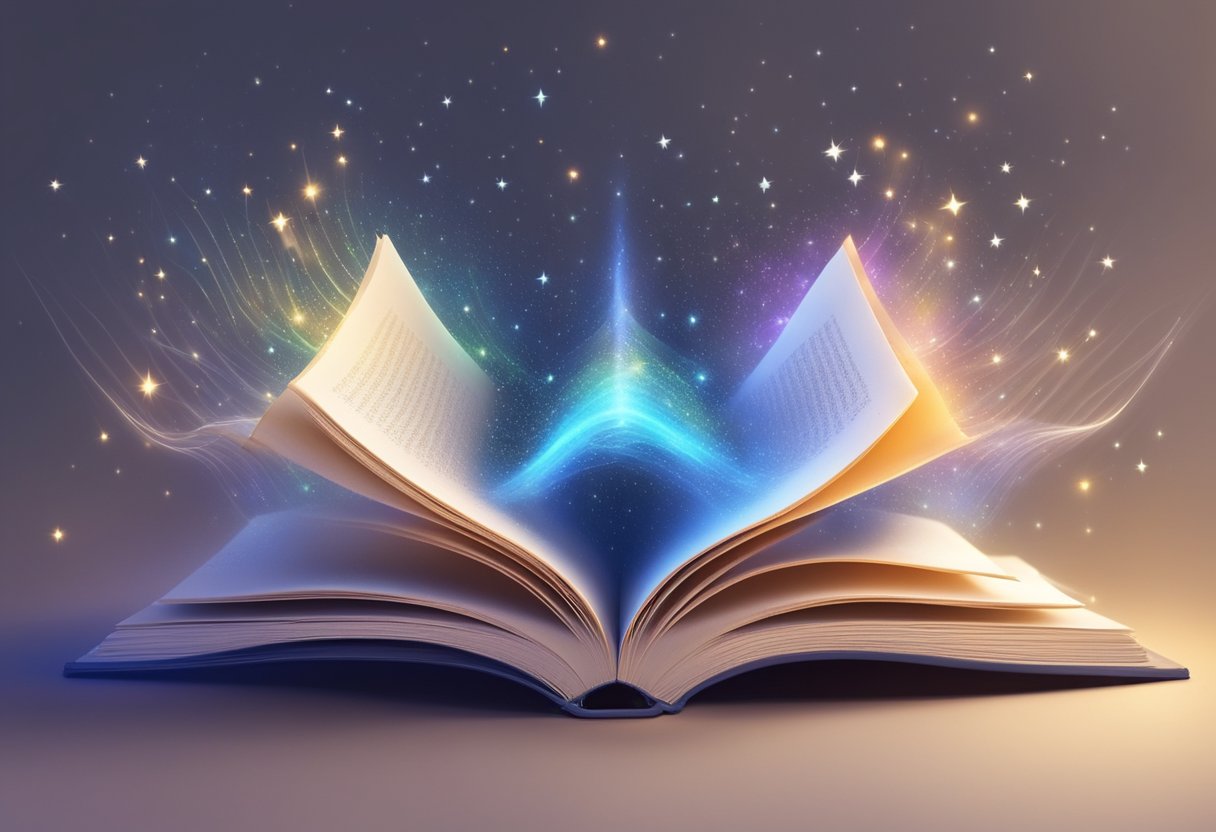 An open book with sound waves emanating from its pages, surrounded by glowing stars and a sense of wonder and inspiration