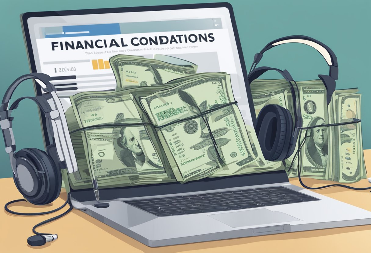 A stack of money sits on a desk next to a set of headphones and a microphone. A laptop with the words "Financial Considerations Audiobook Impact Academy Review" on the screen