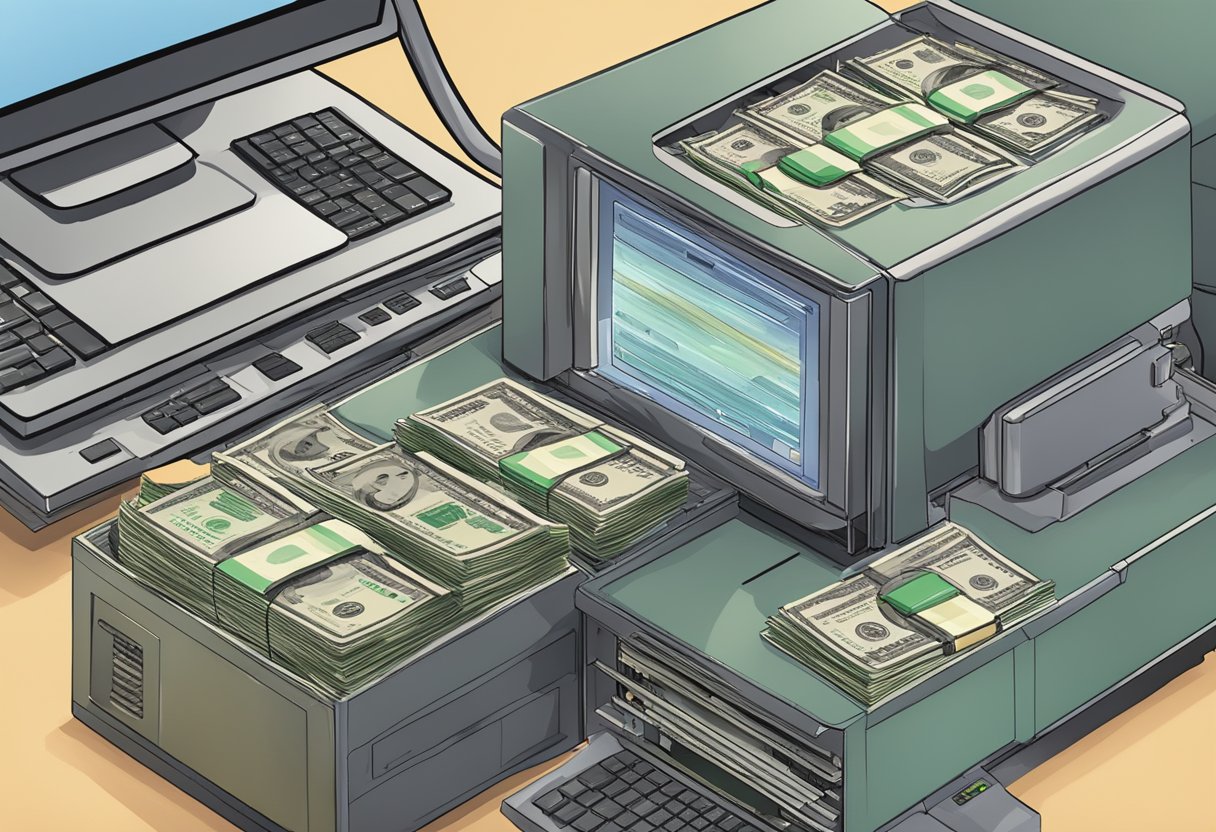 A stack of money being invested into a complex machine, while a review of Emp Money is displayed on a computer screen