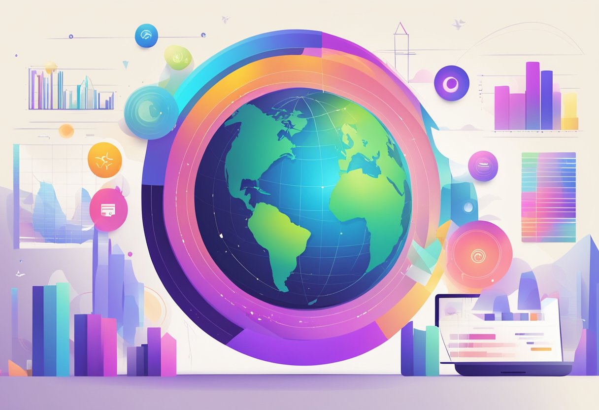 A vibrant planet surrounded by marketing materials and data charts