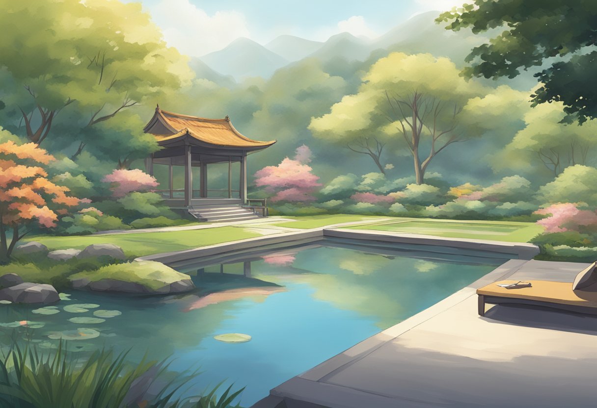 Zen surveys review: serene setting with a peaceful garden, a tranquil pond, and a meditative figure in the background