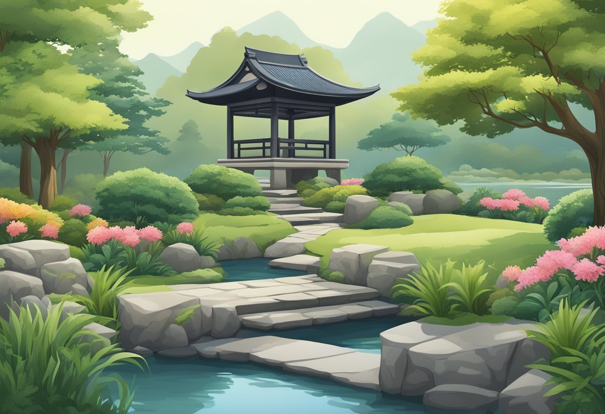 A serene garden with a Zen theme, featuring a tranquil pond, lush greenery, and a traditional Japanese stone lantern