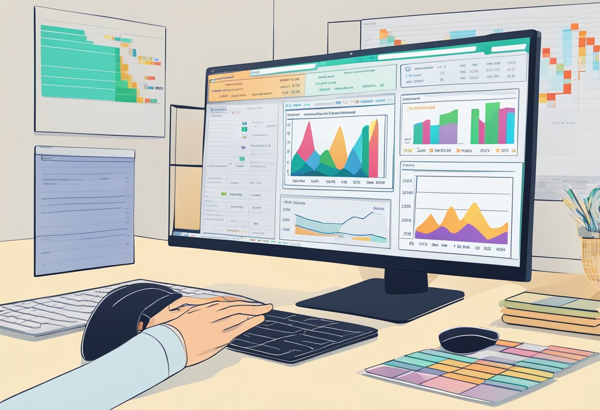 A computer screen displays the Cash Finder System interface, with colorful graphs and data. A hand reaches for the mouse, ready to click and explore