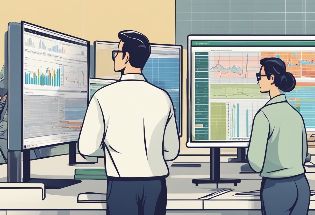 A cash finder system is being reviewed for market viability. Tables are filled with data, charts, and reports. Researchers are analyzing and discussing findings