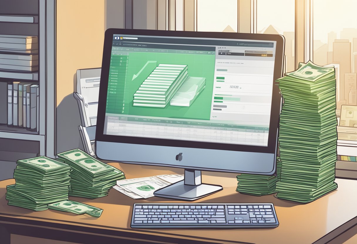 A stack of money sits on a desk next to a computer displaying the Cash Finder System logo. Charts and graphs show financial growth and success