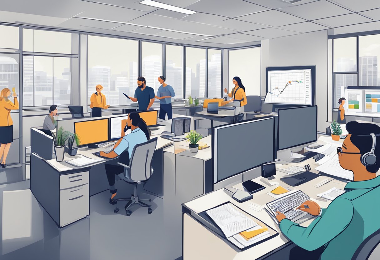 A bustling office with employees on the phone, typing at their desks, and organizing paperwork. A whiteboard displays growth charts and goals for the freight brokerage firm