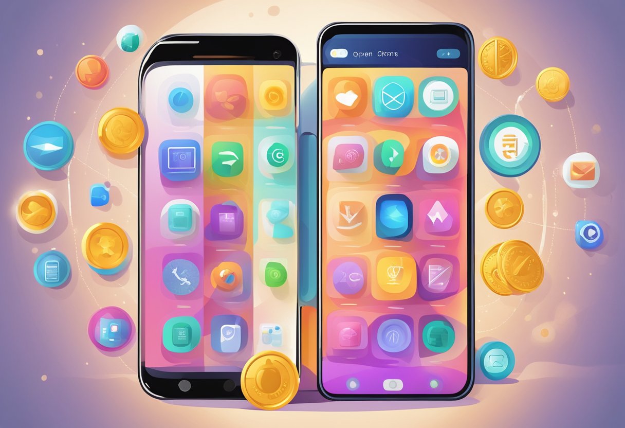 A smartphone with the Appcoiner app open on the screen, surrounded by various app icons and a glowing coin symbol