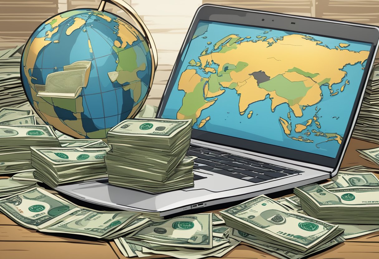 A globe surrounded by stacks of money, a passport, and travel brochures, with a laptop displaying "Earning Potential Inteletravel Review."