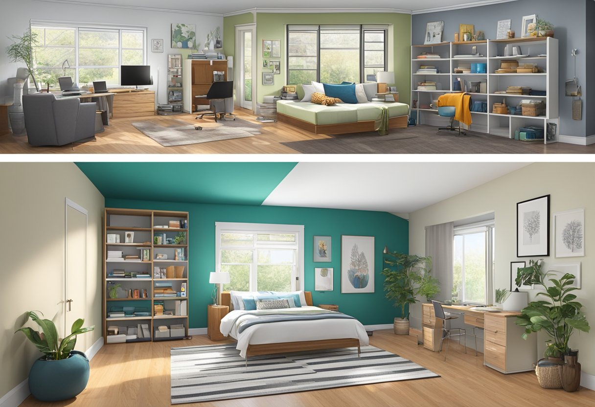 A cluttered room transformed into a modern, organized space using the One-Day Flip method. Before and after images show the dramatic change in style and functionality