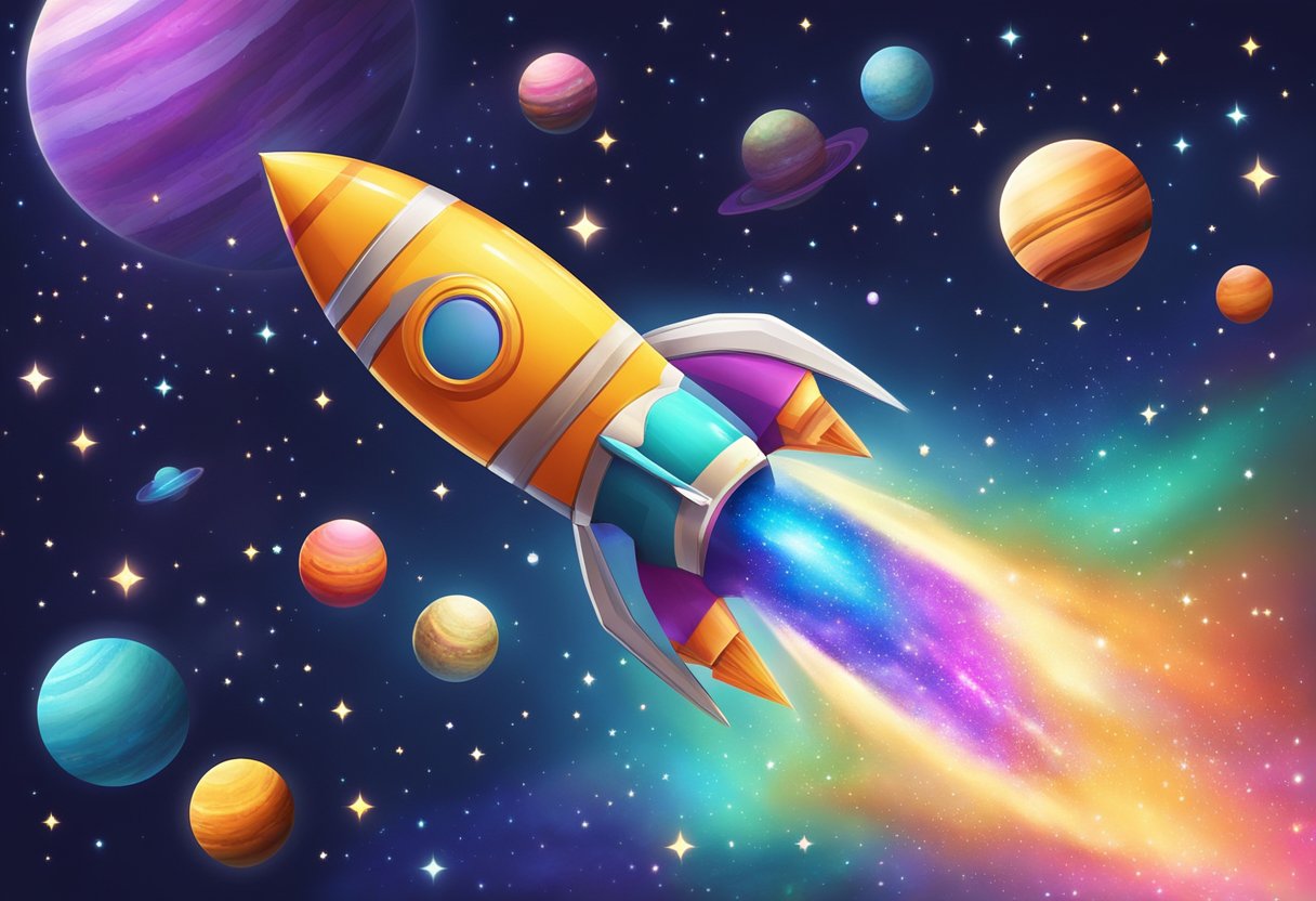 A rocket ship soars through a galaxy filled with colorful planets and twinkling stars, leaving a trail of sparkles behind