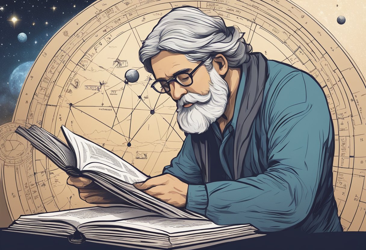 A person studying a book on astrology while flipping through pages, with a thoughtful expression on their face. A celestial chart and telescope sit nearby