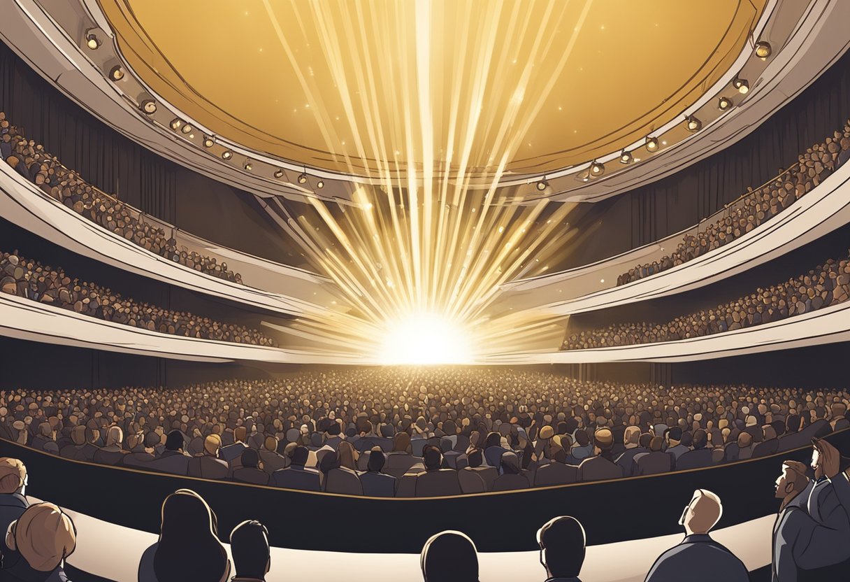 A grand stage with a spotlight shining on a banner that reads "Legendary Marketer Review." The crowd eagerly awaits the unveiling of the legendary marketer's latest product