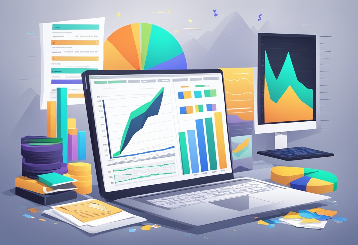 A table with charts, graphs, and financial data. A stack of money and investment documents. A computer displaying a review of Legendary Marketer