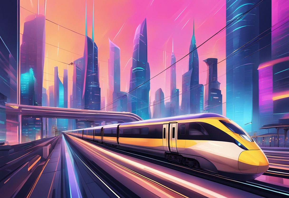 A sleek, futuristic cityscape with towering skyscrapers and sleek, high-speed trains zipping through the streets. The skyline is illuminated by neon lights and the air is filled with a sense of energy and excitement