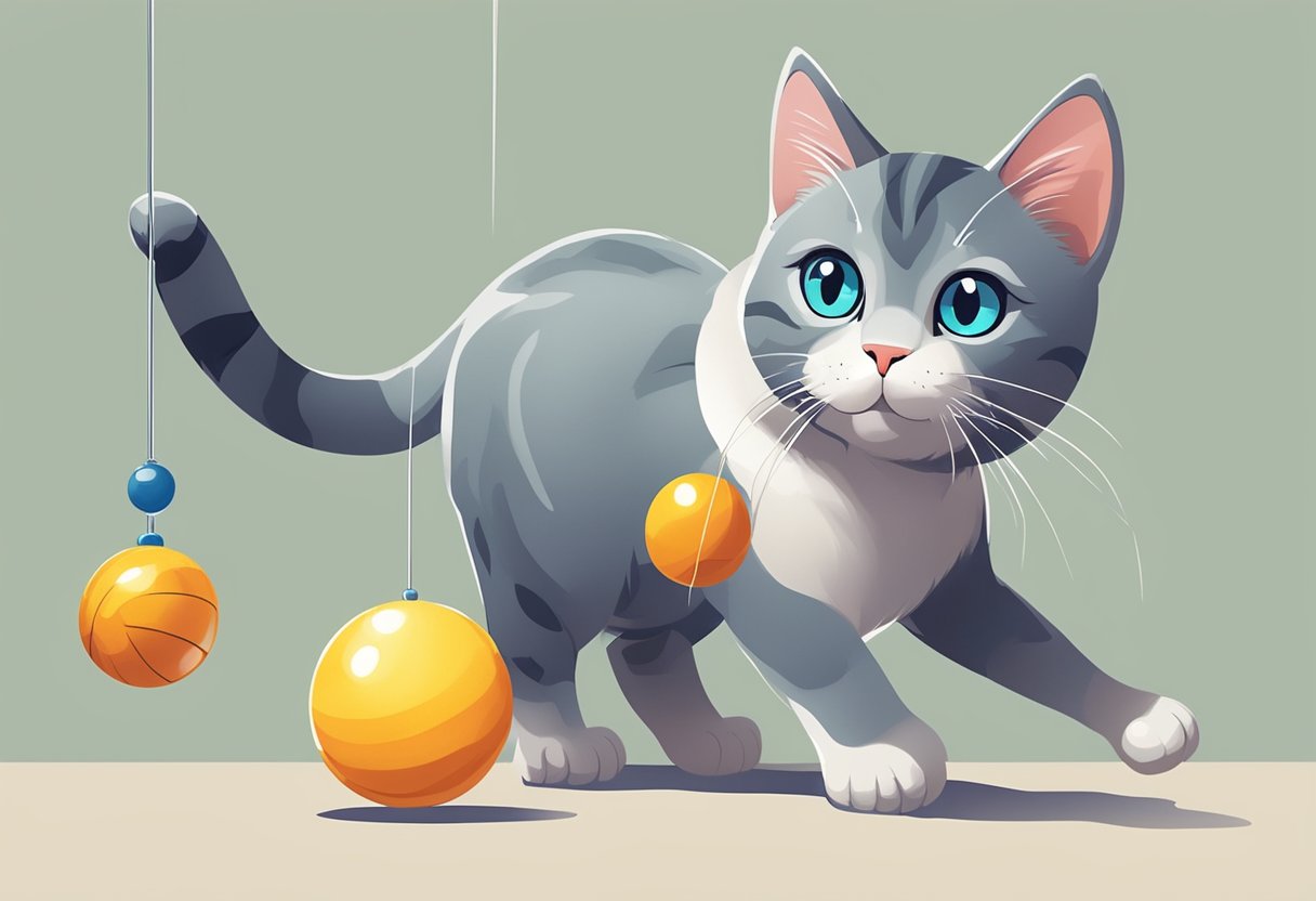 A playful cat batting at a dangling toy, with a mischievous glint in its eye