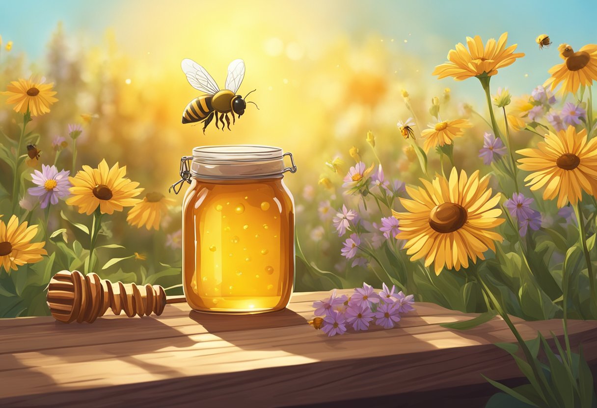 A jar of honey sits on a wooden table, surrounded by wildflowers and bees. The sun shines down, casting a warm glow over the scene