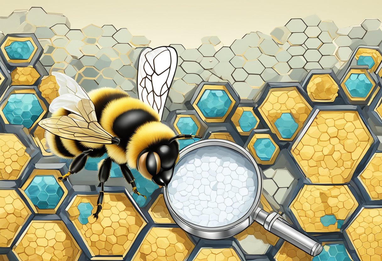 A bee surrounded by honeycombs, with a survey form and a magnifying glass nearby