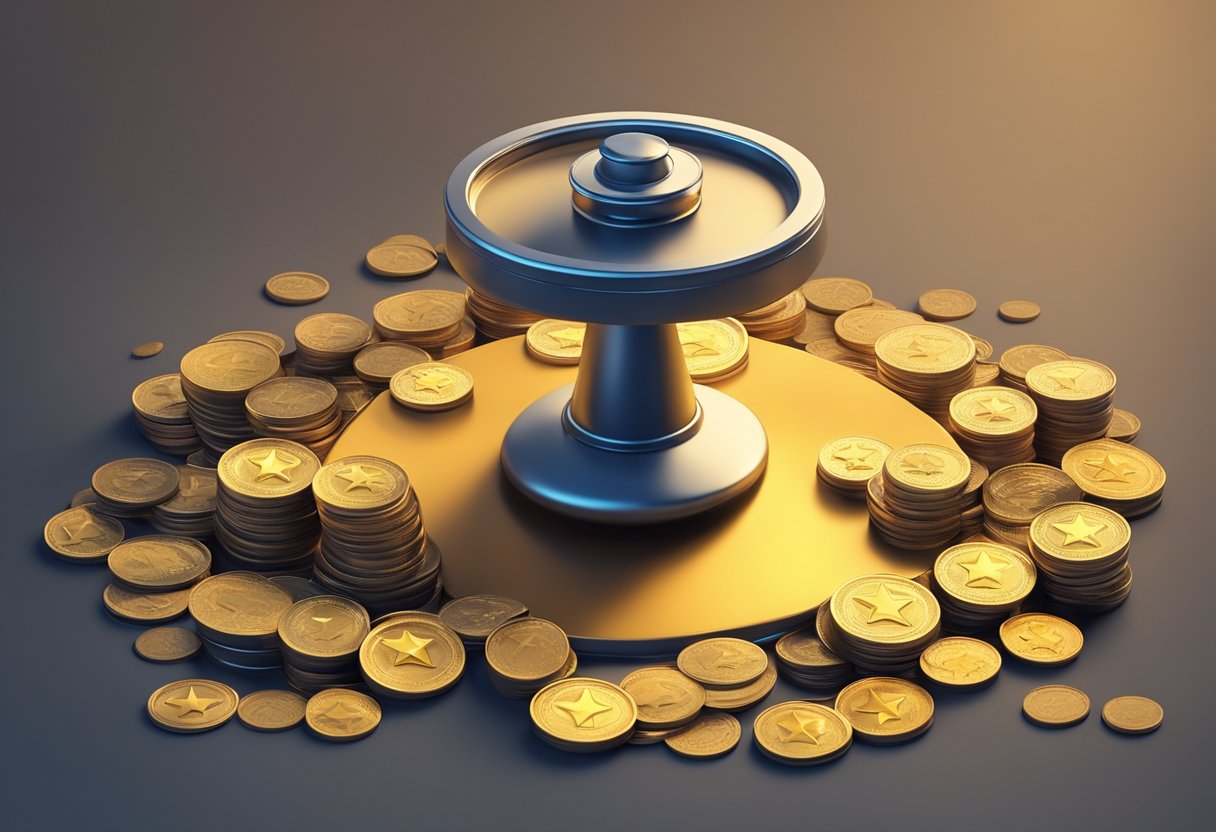 A glowing feedback star hovers over a pile of coins, while a scale tips in favor of rewards over payment